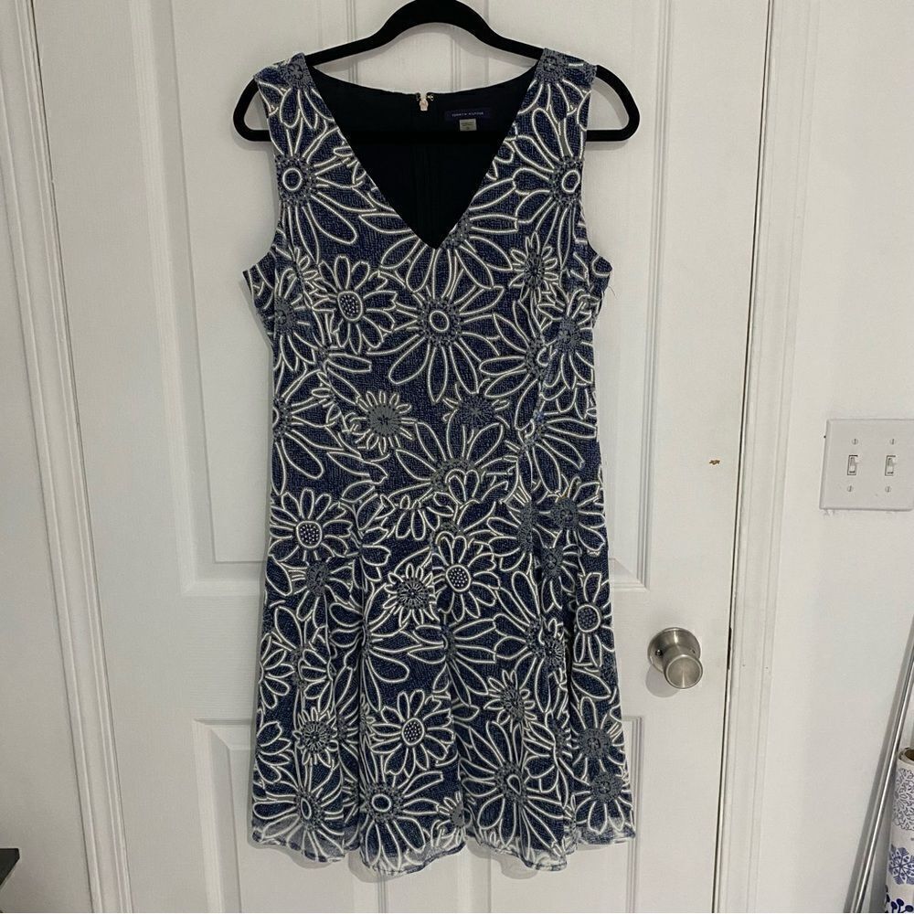 Tommy Hilfiger Navy and White Floral Lace Fit-and-Flare Dress
